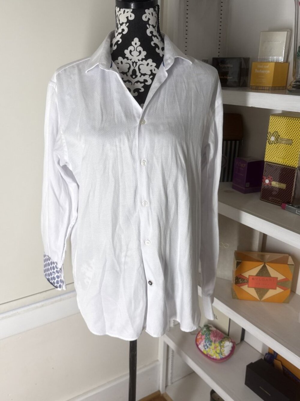 $125 LUCHIANO VISCONTI BLACK Size M WHITE COTTON BLEND SHIRT Dry Cleaned